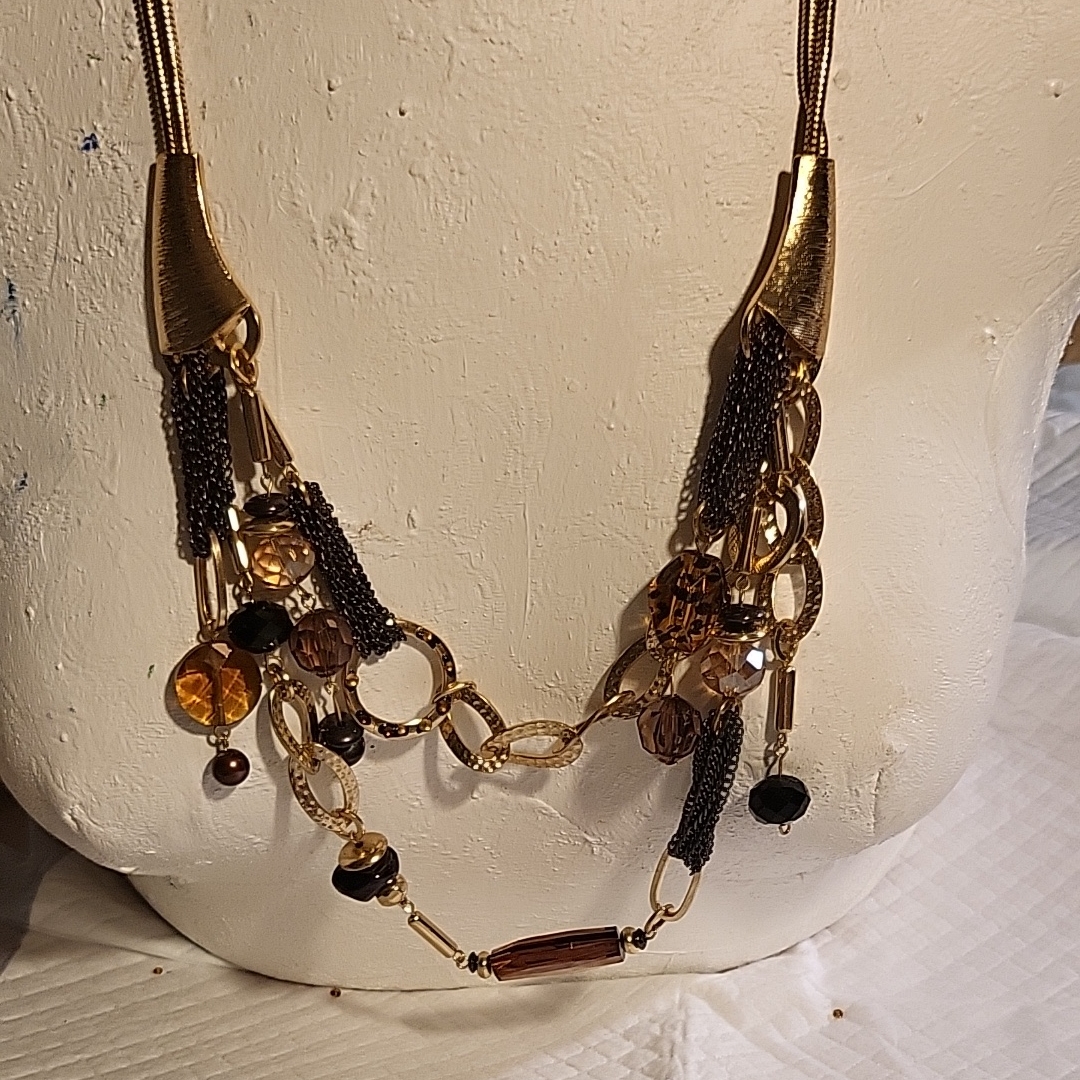 Nwt Jules B Elegant Gold And Brown Multi-Strand Statementnecklace
